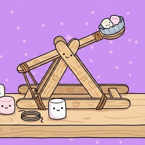 Färdig katapult av glasspinnar och gummisnoddar på ett bord, med marshmallows framför