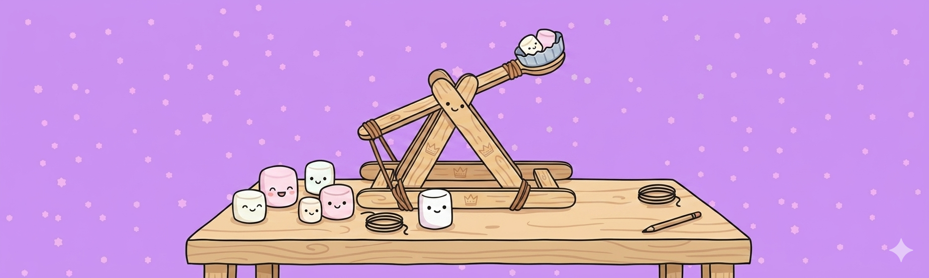 Färdig katapult av glasspinnar och gummisnoddar på ett bord, med marshmallows framför